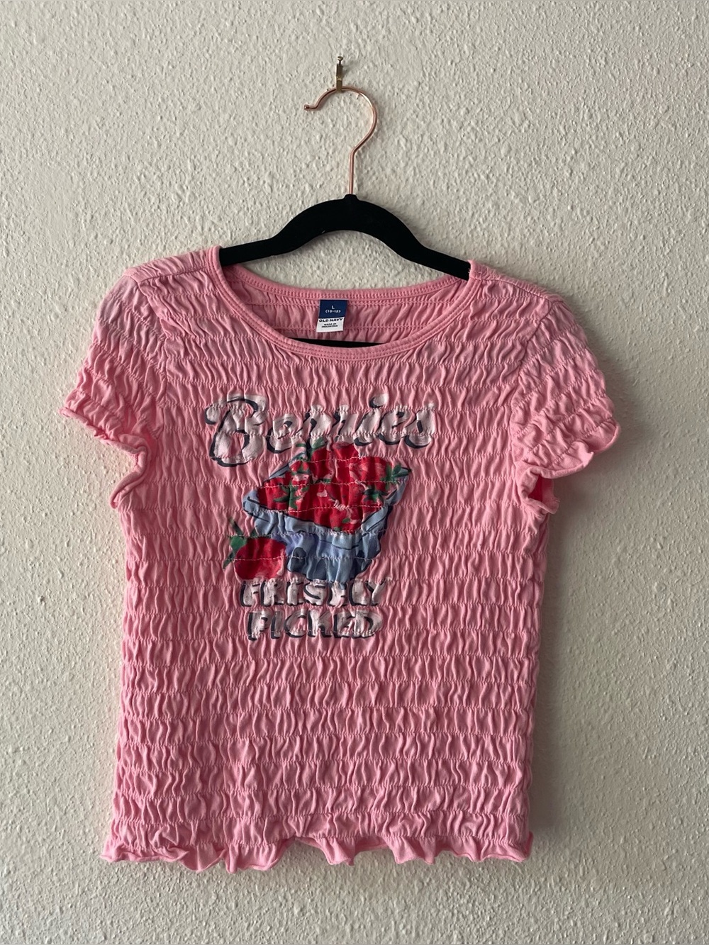 Old Navy Girls L 10-12 Pink Shirred Strawberry Graphic Tee Berries